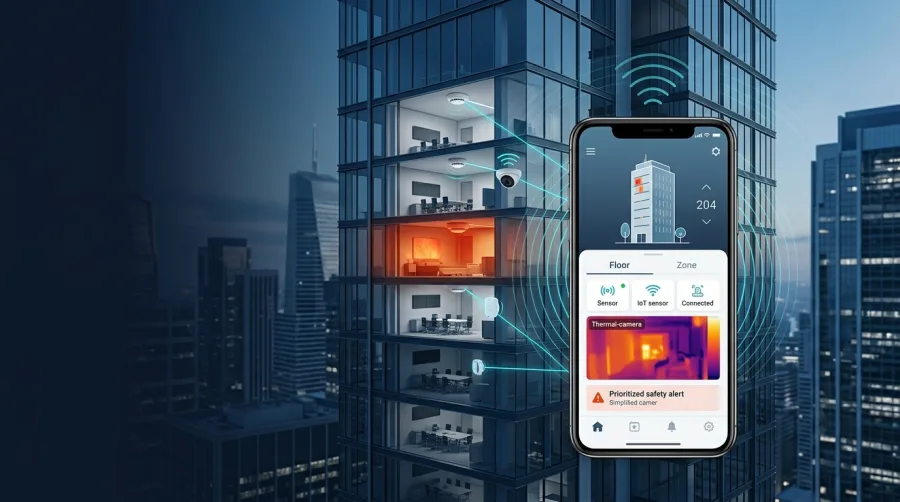 Abstract render representing IoT fire-safety monitoring across a city skyline