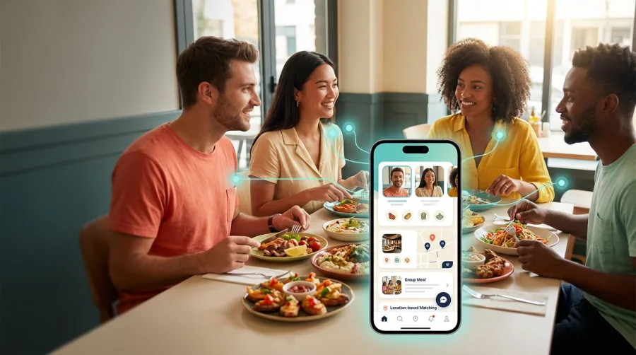 Warm overhead photo of a shared table representing social dining